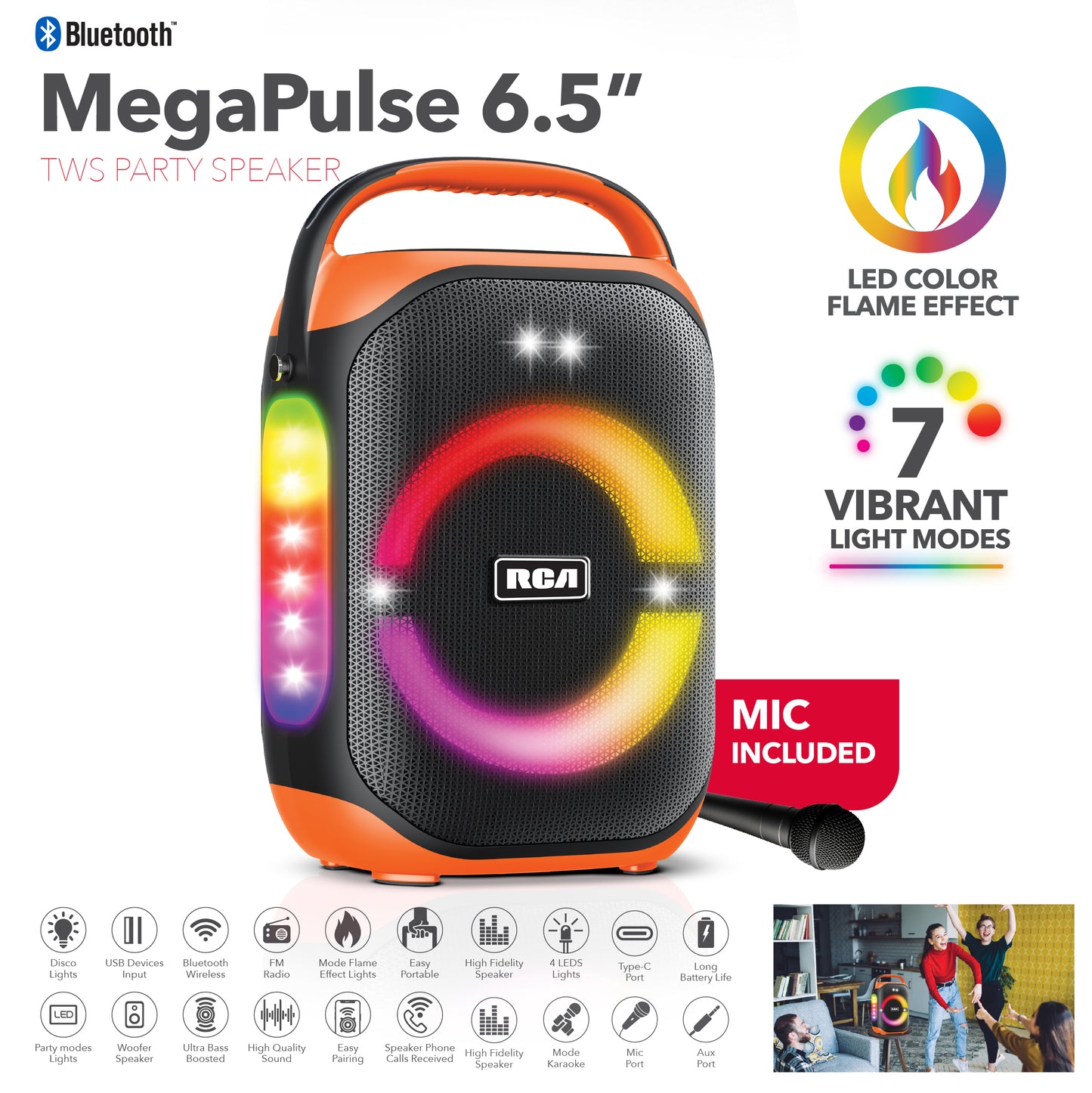 RCA FLEX-206 Portable Bluetooth Speaker Wireless Karaoke Speaker with Mic & RGB Light