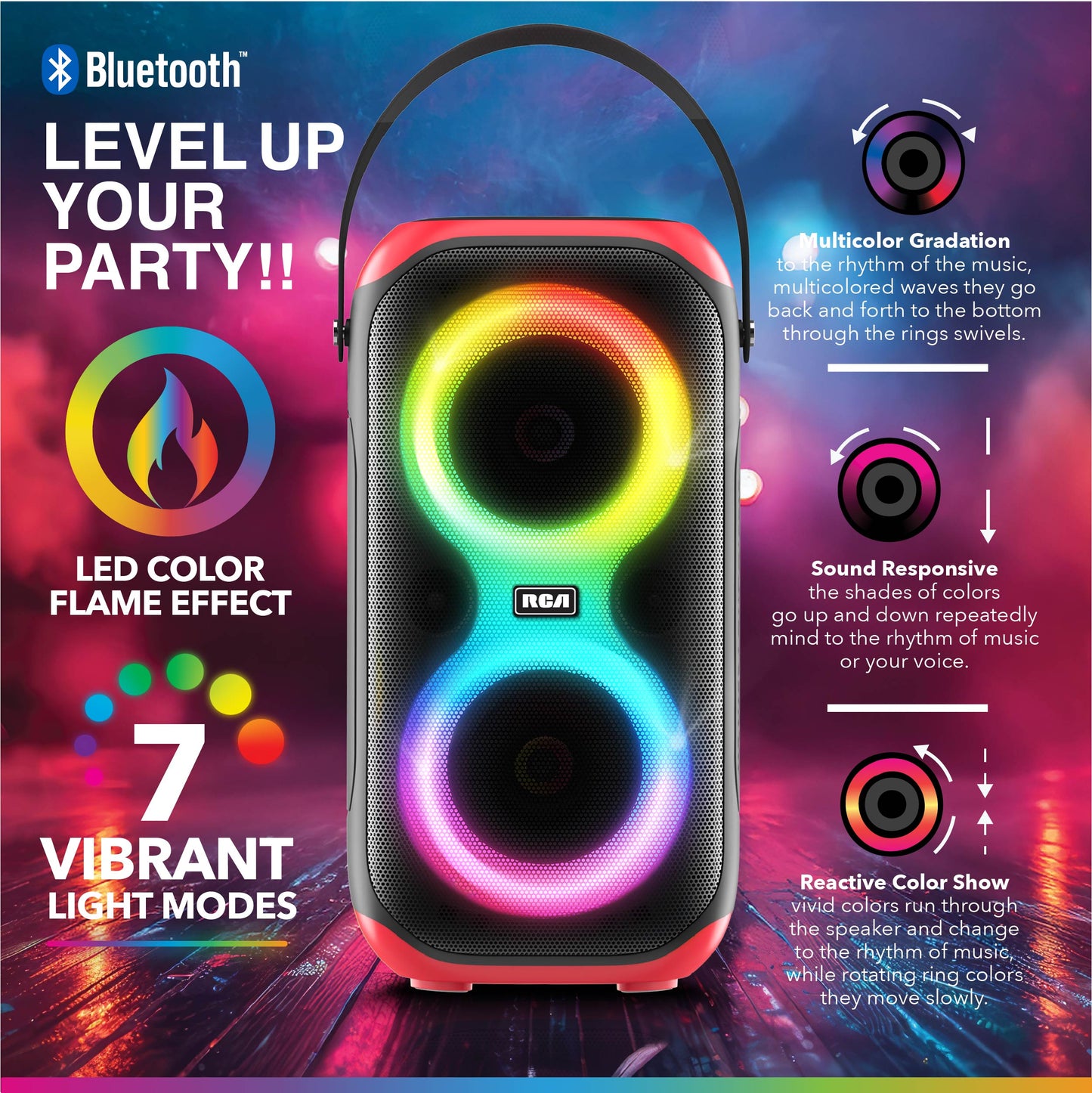 RCA BEAT-10 Portable Bluetooth Speaker Wireless Karaoke Speaker with Mic & RGB Light