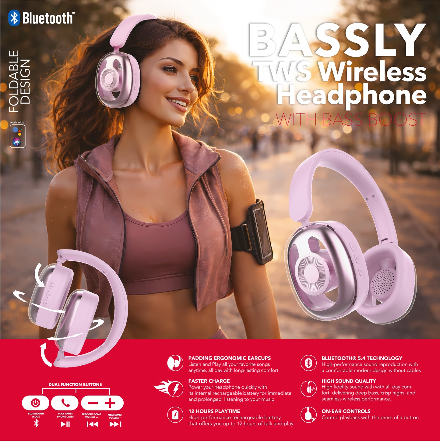 RCA WAVE-77 Wireless Over-Ear Headphones with Foldable, 90° Rotating Ear Cups