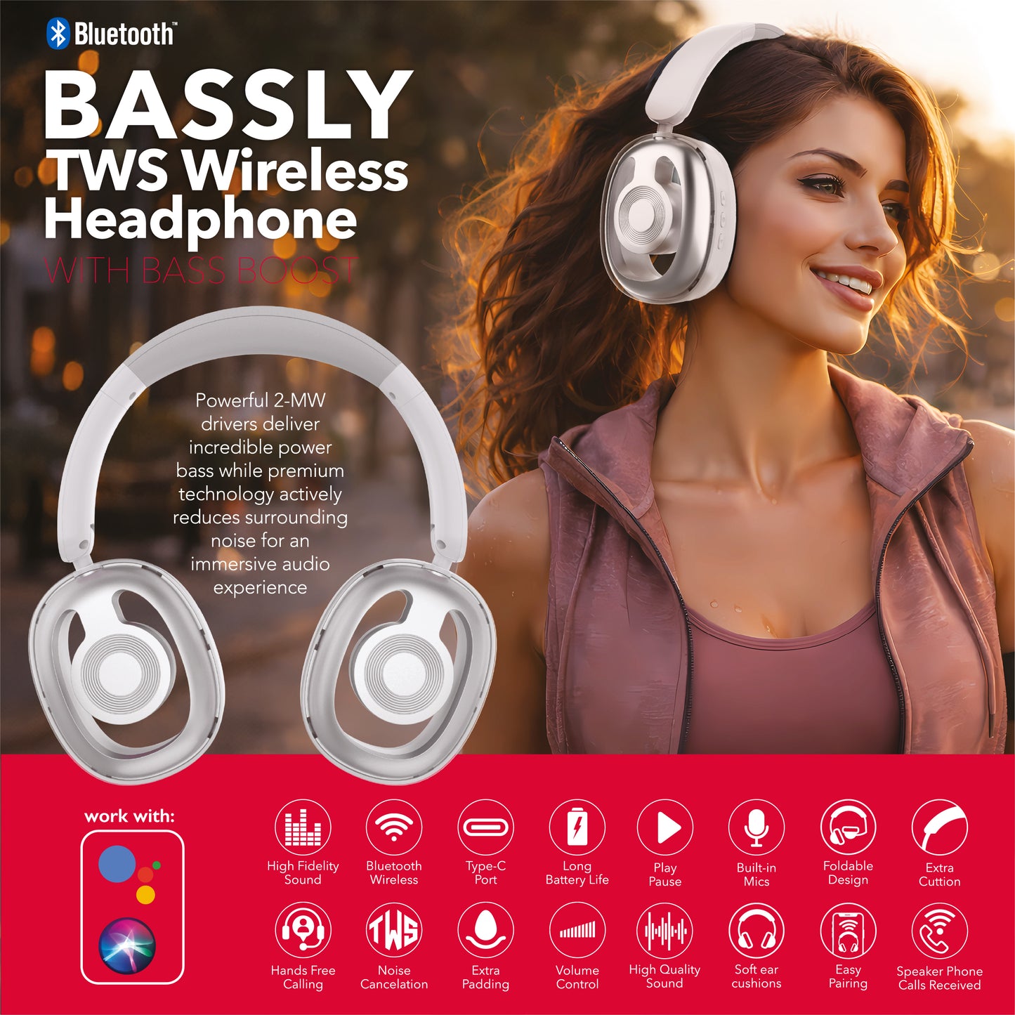 RCA WAVE-77 Wireless Over-Ear Headphones with Foldable, 90° Rotating Ear Cups
