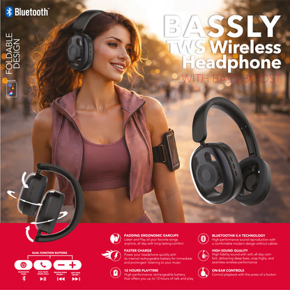 RCA WAVE-77 Wireless Over-Ear Headphones with Foldable, 90° Rotating Ear Cups