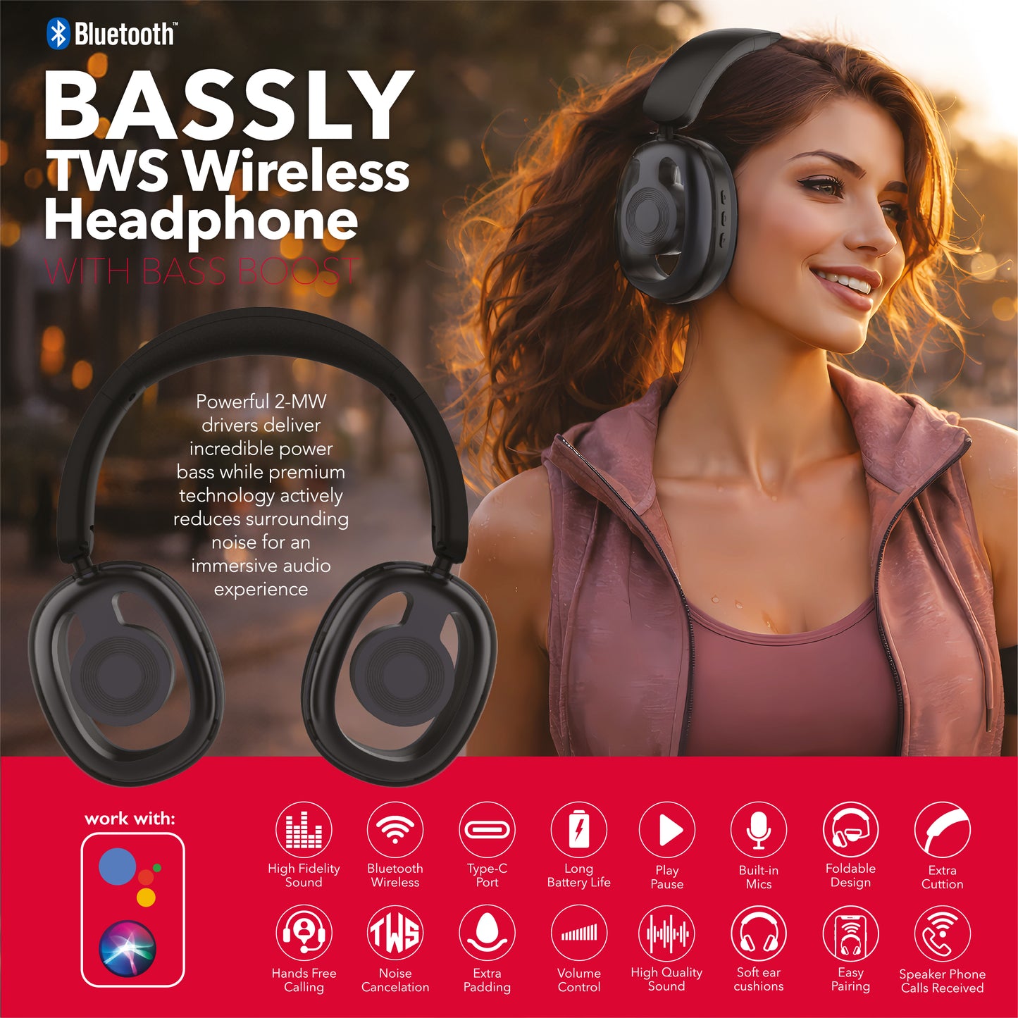 RCA WAVE-77 Wireless Over-Ear Headphones with Foldable, 90° Rotating Ear Cups