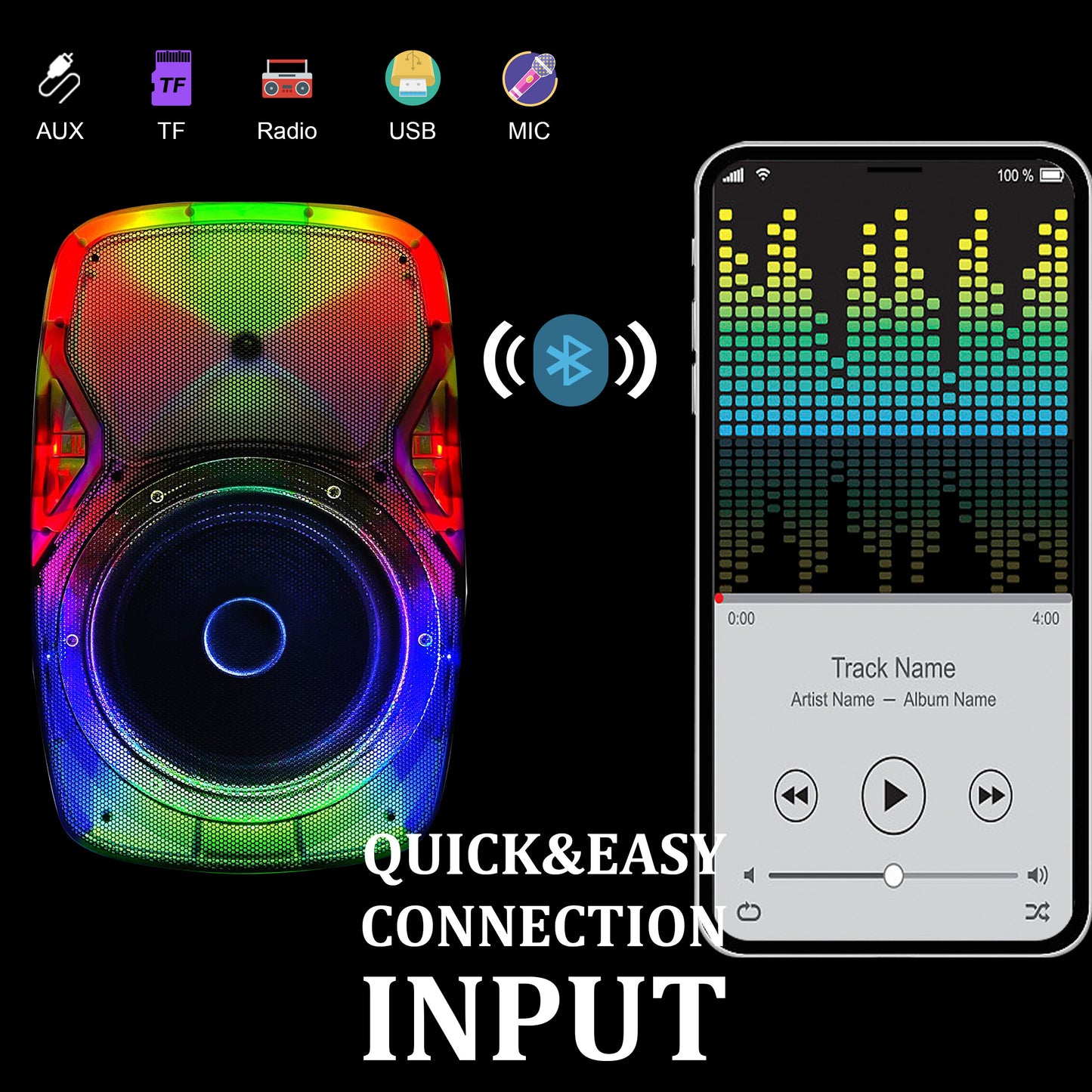 TOPTECH STAR-115 15'' Portable Bluetooth Speaker with Flame Lights & Powerful Sound