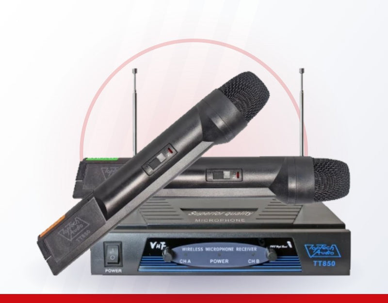 Two wireless mics and one receiver in the box.