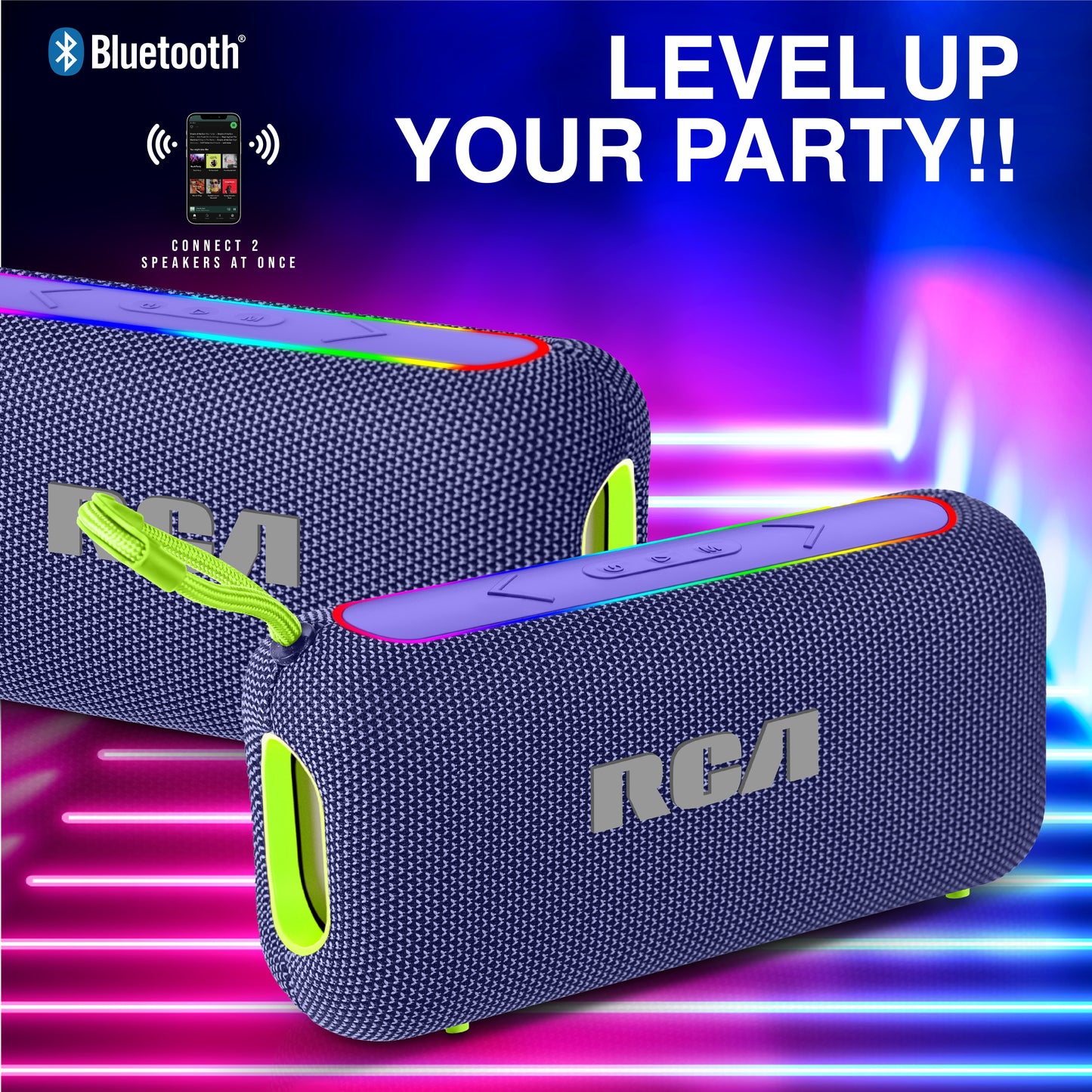 RCA BEAT-44 10W Portable Bluetooth Speaker with Dual Woofers & RGB Lights