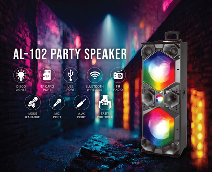 TOPTECH AL-102, 2x15'' Woofer Party Speaker with Disco Lights, Bluetooth, Remote & Mic