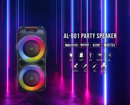 TOPTECH AL-801, 2x8'' Wireless Bluetooth Speaker with 360 HiFi Sound, LED Lights, 8000 Watts