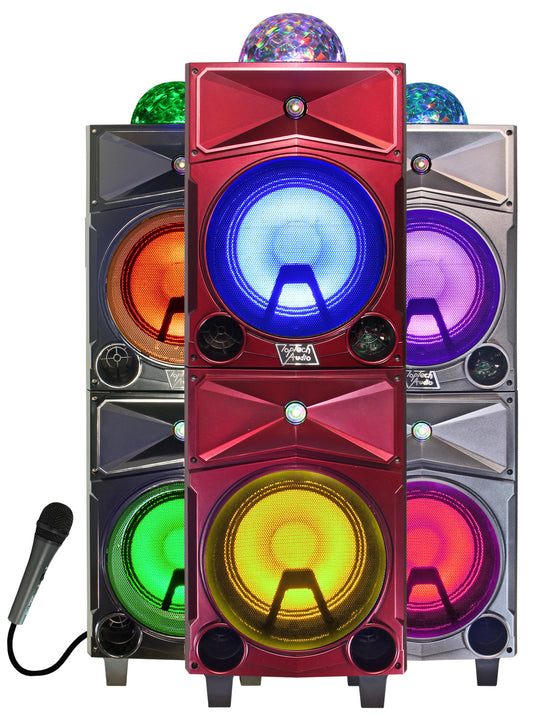 TOPTECH ANGEL-208, 2×8'' Portable Bluetooth Speakers with HD Loud Stereo Sound, Multicolored LED Light & Disco Ball,  6-Hours Playtime, Build-in Wired MIC,  Handle and Wheels for Outdoor Party, Wireless 33ft Range
