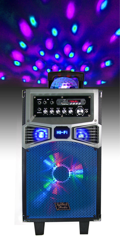 TOPTECH BALL-108, 8'' Portable Bluetooth Speakers with Multicolored LED Light & Disco Ball, HD Loud Stereo Sound,  up to 6 Hours Playtime, Build-in Wireless MIC, Handle and Wheels for Outdoor Party, Wireless 33ft Range