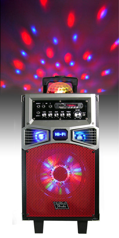 TOPTECH BALL-108, 8'' Portable Bluetooth Speakers with Multicolored LED Light & Disco Ball, HD Loud Stereo Sound,  up to 6 Hours Playtime, Build-in Wireless MIC, Handle and Wheels for Outdoor Party, Wireless 33ft Range