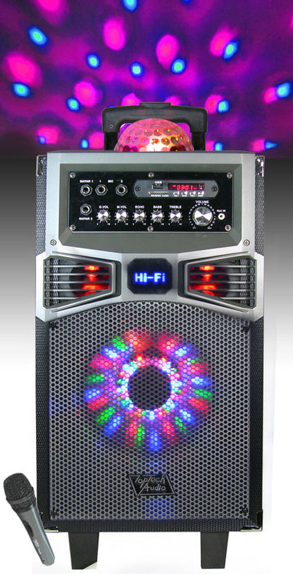 TOPTECH BALL-108, 8'' Portable Bluetooth Speakers with Multicolored LED Light & Disco Ball, HD Loud Stereo Sound,  up to 6 Hours Playtime, Build-in Wireless MIC, Handle and Wheels for Outdoor Party, Wireless 33ft Range