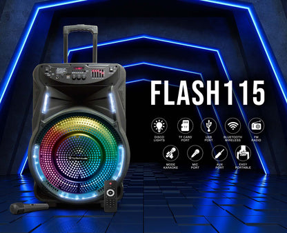 TOPTECH FLASH-115, 15'' Bluetooth Speaker with Flame Lights, Wireless Microphone & Remote