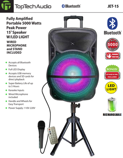 2200 Watts Portable 15” Speaker with LED Lights, Microphone & Stand Included