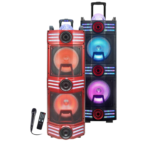 TOPTECH BULL-210 , 2x10 Inch Bluetooth Speakers with Wired Mic, Wireless Stereo Sound with Radiant Chromatic LED Lighting and Disco Ball,  Built-in Trolley and Wheels for Easy Transport, Rechargeable Long Battery Life for Outdoor Camping Party Gifts