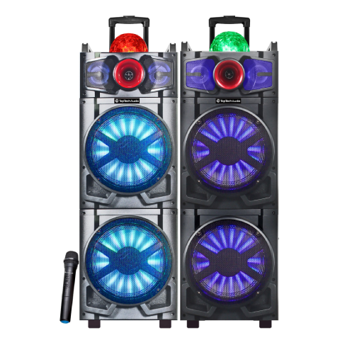 TOPTECH STAR-212, 2 x 12 Inch Bluetooth Speakers with Wireless Mic, Wireless Stereo Sound with Dazzling Rainbow Light Display and Disco Ball,  Built-in Trolley and Wheels for Easy Transport, Rechargeable Long Battery Life for Outdoor Camping Party Gifts