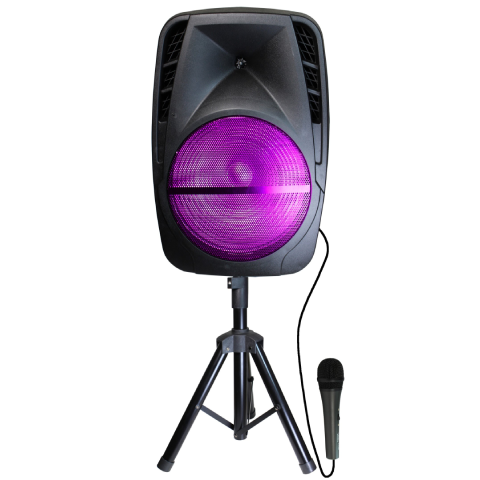 TOPTECH SPARK-15, 15 Inch Wireless TWS Portable Speaker with Wired Microphone,360 HD Crystal Clear Sound and Dynamic LED Lights,  with trolley and wheels and stand for easy transport, Long Playtime for Outdoor Party, Support USB/SD Port/FM Radi/Guitar