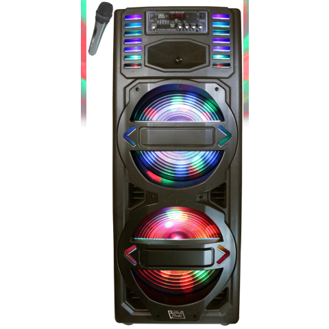 TOPTECH PBX-9919-BTL, 2 x 15 Inch Portable Bluetooth Speakers, Wireless Stereo Sound Party Speaker with Built-in  Multi Dazzling LED Lights, Up to 10 Meters (33ft) Bluetooth Distance, Handle and Wheels with Wireless Mic for Party Outdoor Camping