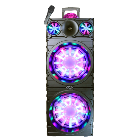 TOPTECH ELITE-210, 2×10 Inch Portable Bluetooth Speakers, Wireless Stereo Sound Party Speaker with Built-in Multi Dazzling LED Lights & Disco Ball, Up to 10 Meters (33ft) Bluetooth Distance, Handle and Wheels with Wireless Mic for Party Outdoor Camping