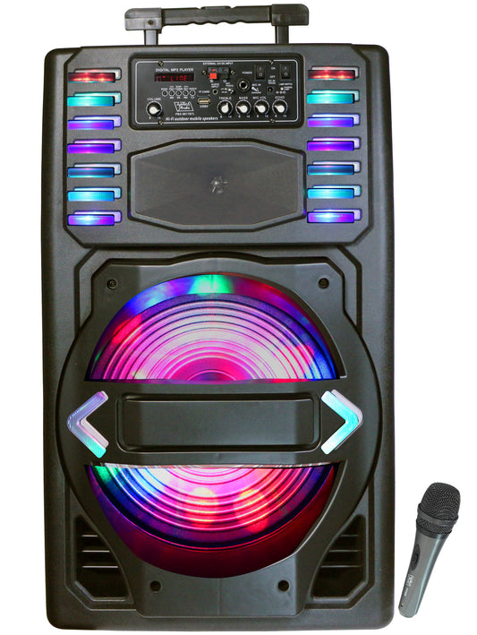 TOPTECH PBX-9917BTL, 15'' Portable Bluetooth Speakers with HD Loud Stereo Sound, Multicolored LED Light,  6-Hours Playtime, Build-in Wireless MIC,  Handle and Wheels for Outdoor Party, Wireless 33ft Range