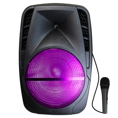 TOPTECH SPARK-15, 15 Inch Wireless TWS Portable Speaker with Wired Microphone,360 HD Crystal Clear Sound and Dynamic LED Lights,  with trolley and wheels and stand for easy transport, Long Playtime for Outdoor Party, Support USB/SD Port/FM Radi/Guitar