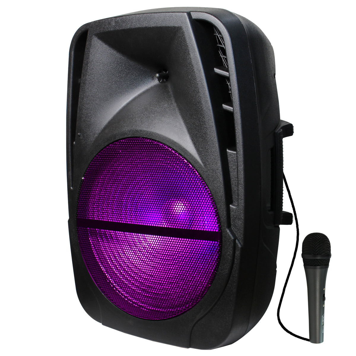 Fully Amplified Portable 2200 Watts Peak Power 15” Speaker WITH LED LIGHT MICROPHONE & STAND INCLUDED”
