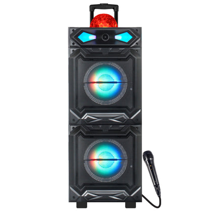 TOPTECH STAR-208, 2 x 8 Inch Bluetooth Speakers with Wired Mic, Wireless Stereo Sound with Dazzling Rainbow Light Display and Disco Ball,  Built-in Trolley and Wheels for Easy Transport, Rechargeable Long Battery Life for Outdoor Camping Party Gifts