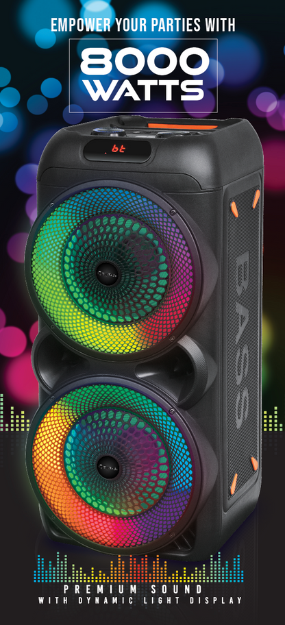 TOPTECH AL-801, 2x8'' Wireless Bluetooth Speaker with 360 HiFi Sound, LED Lights, 8000 Watts