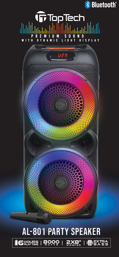 TOPTECH AL-801, 2x8'' Wireless Bluetooth Speaker with 360 HiFi Sound, LED Lights, 8000 Watts