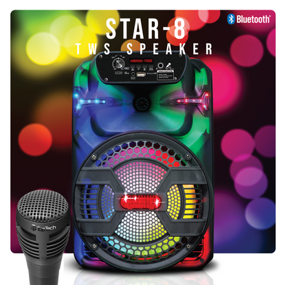 TOPTECH STAR-8 Bluetooth Party Speaker, 8" Woofer, 4000W, Flame Lights, Karaoke