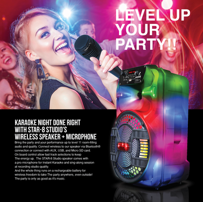 TOPTECH STAR-8 Bluetooth Party Speaker, 8" Woofer, 4000W, Flame Lights, Karaoke