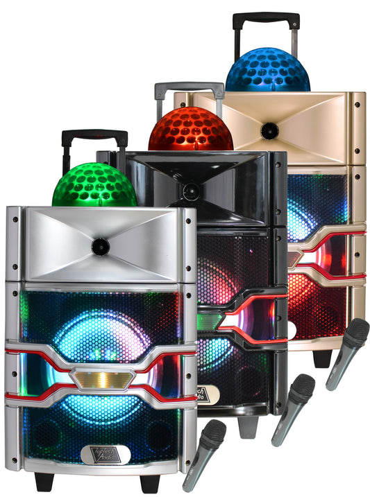 TOPTECH TTR-108, 8'' Portable Bluetooth Speakers with Multicolored LED Light & Disco Ball, HD Loud Stereo Sound,  up to 6 Hours Playtime, Build-in Wireless MIC, Handle and Wheels for Outdoor Party, Wireless 33ft Range