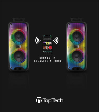 TOPTECH KL-60, 2x6.5'' Woofer Rechargeable Party Portable Speaker with Multi-color Disco Lights on Grill,10 meters (33ft)Bluetooth Distance,of Blazing Powerful Sound, Handle and Wheels and Wireless Microphone for Party/Gift/Indooer/Outdoor