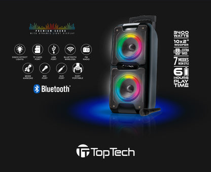 TOPTECH AL-101, 2x6.5" Bluetooth Speaker with Disco Lights, Karaoke, and 3000W Power