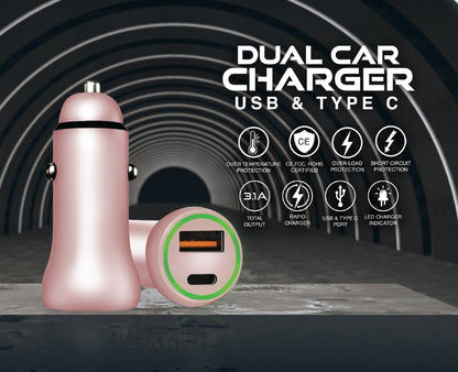 Dual Car Charger Type C, 3.1A Rapid Charging, USB & Type C Ports, CE, FCC Certified